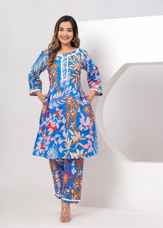 COTTON FLORAL PRINTED KURTA WITH PANTS