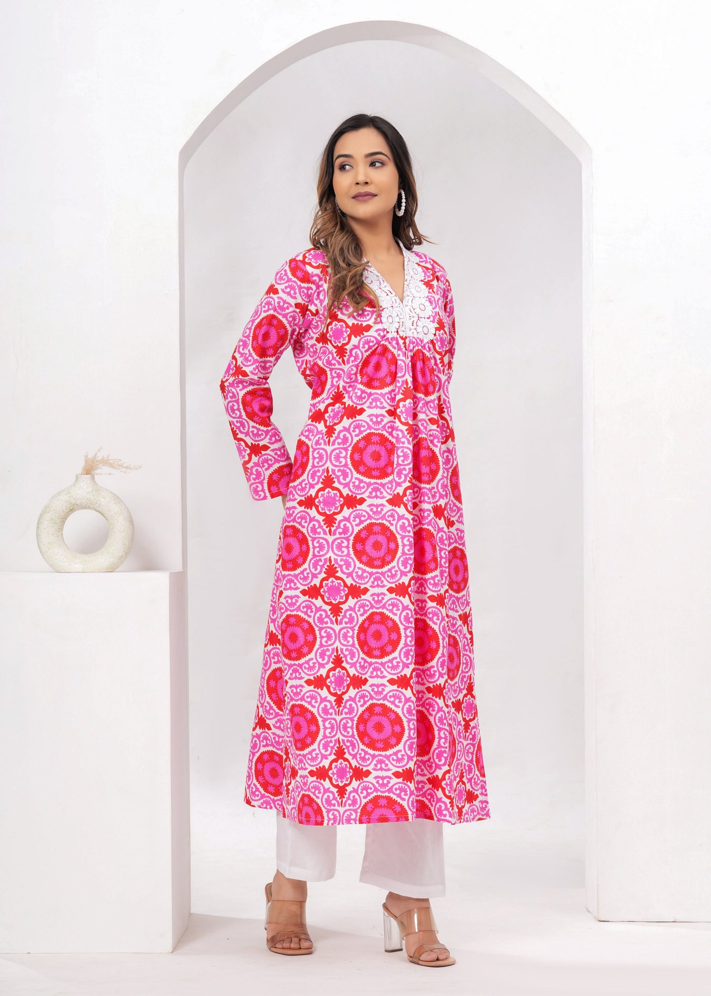 PINK COTTON V-NECK KURTA WITH PANTS