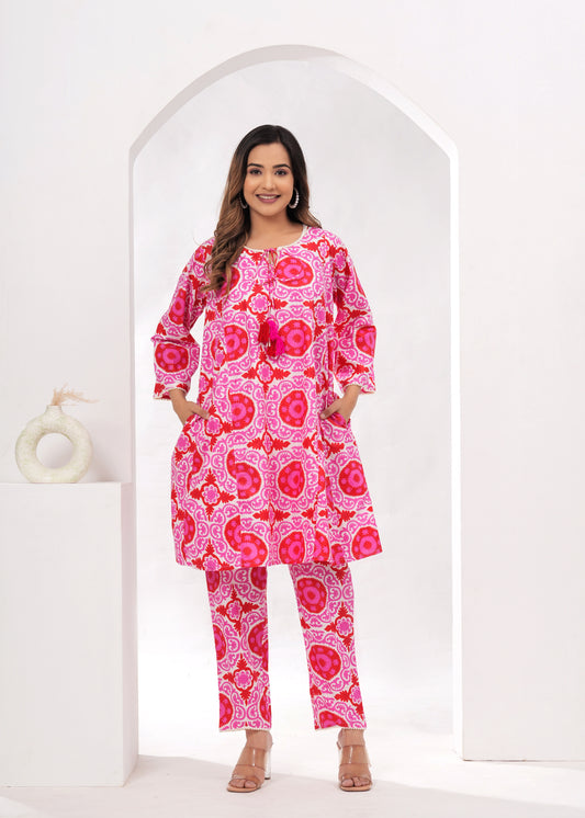 PINK PRINTED COTTON KURTA WITH PANTS