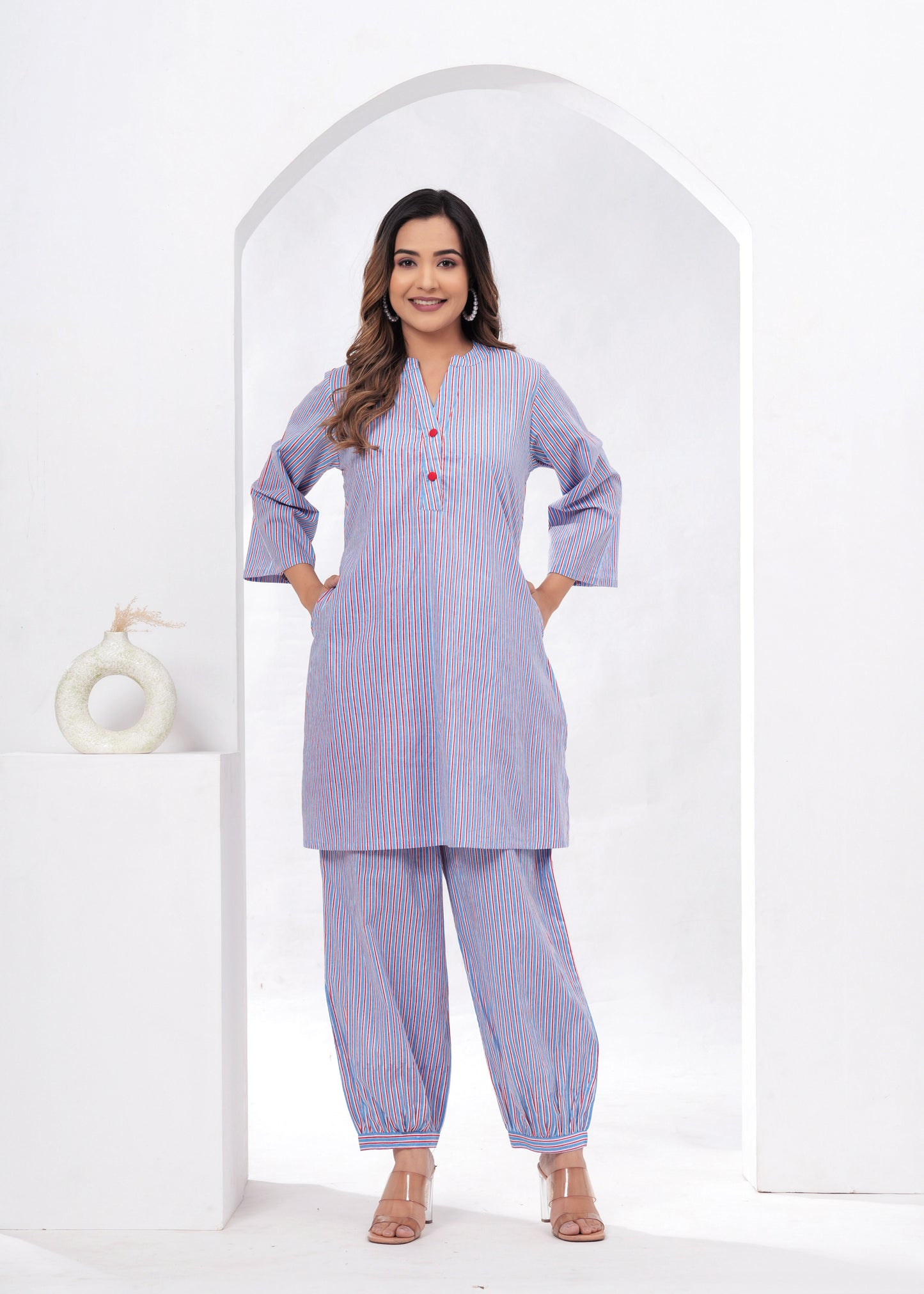 BLUE STRIPE COTTON KURTA WITH PANTS