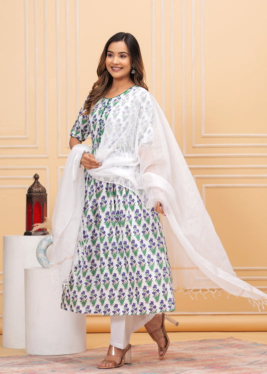 WHITE COTTON PRINTED ANARKALI KURTA WITH PANT AND DUPATTA