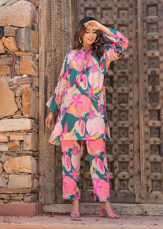 GREEN PINK FLORAL PRINTED CO-ORD SET