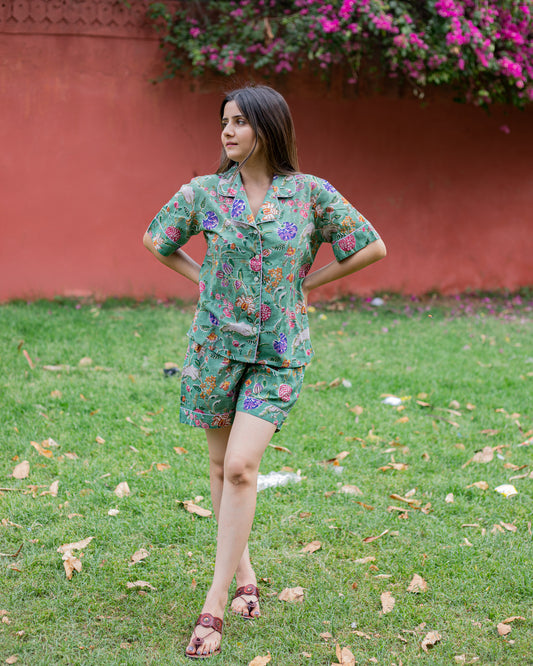 FLORAL BLOCK PRINTED COTTON NIGHTWEAR