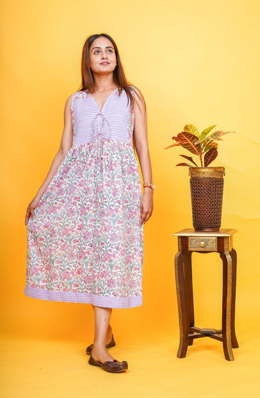 COTTON HAND BLOCK PRINTED MIDI DRESS