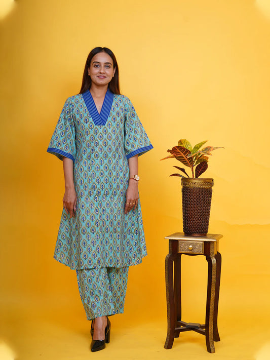 COTTON HAND BLOCK PRINTED 'MORNI' KURTA SET, CO-ORD SET