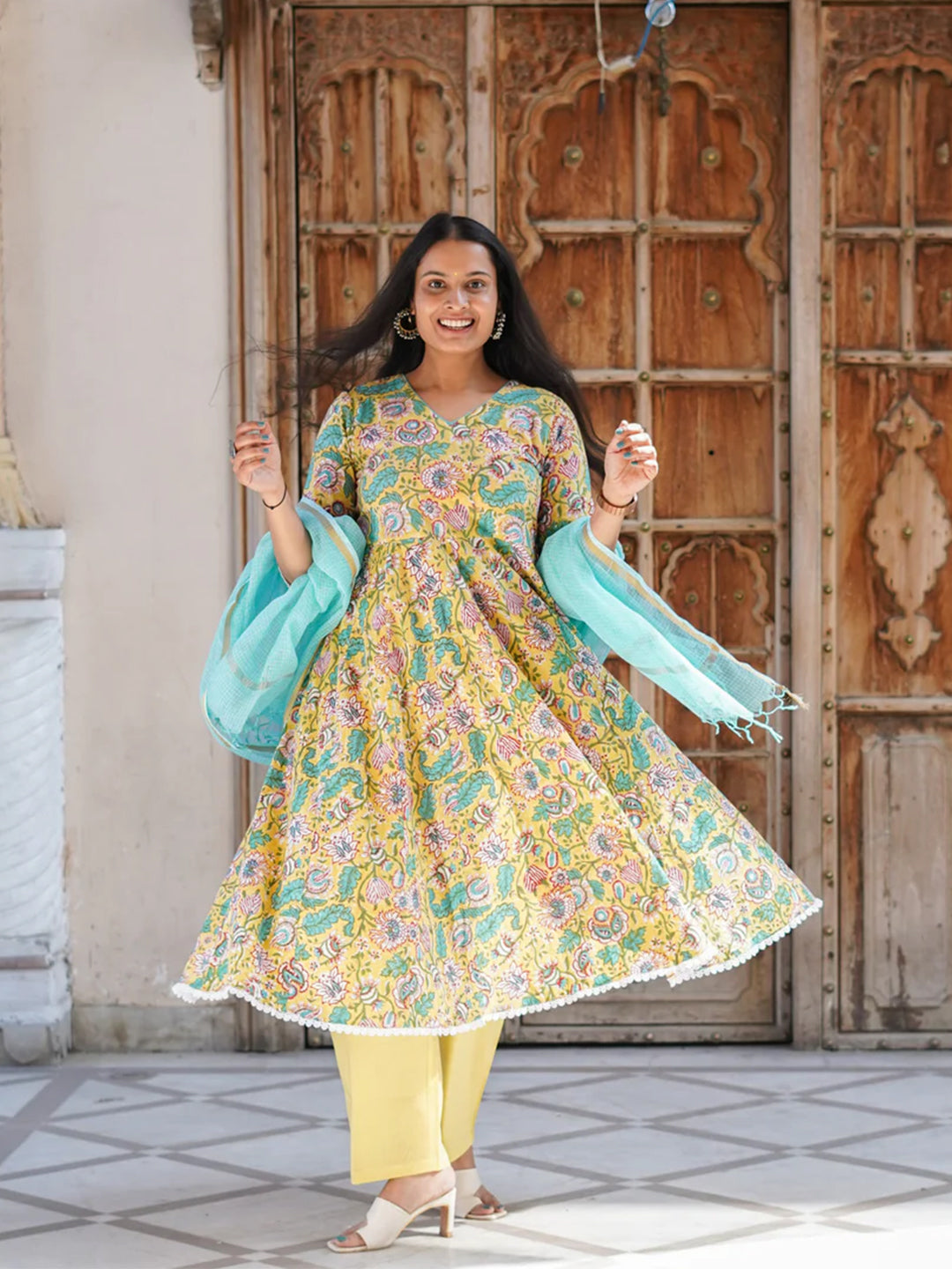 COTTON HANDBLOCK PRINTED ANARKALI SET